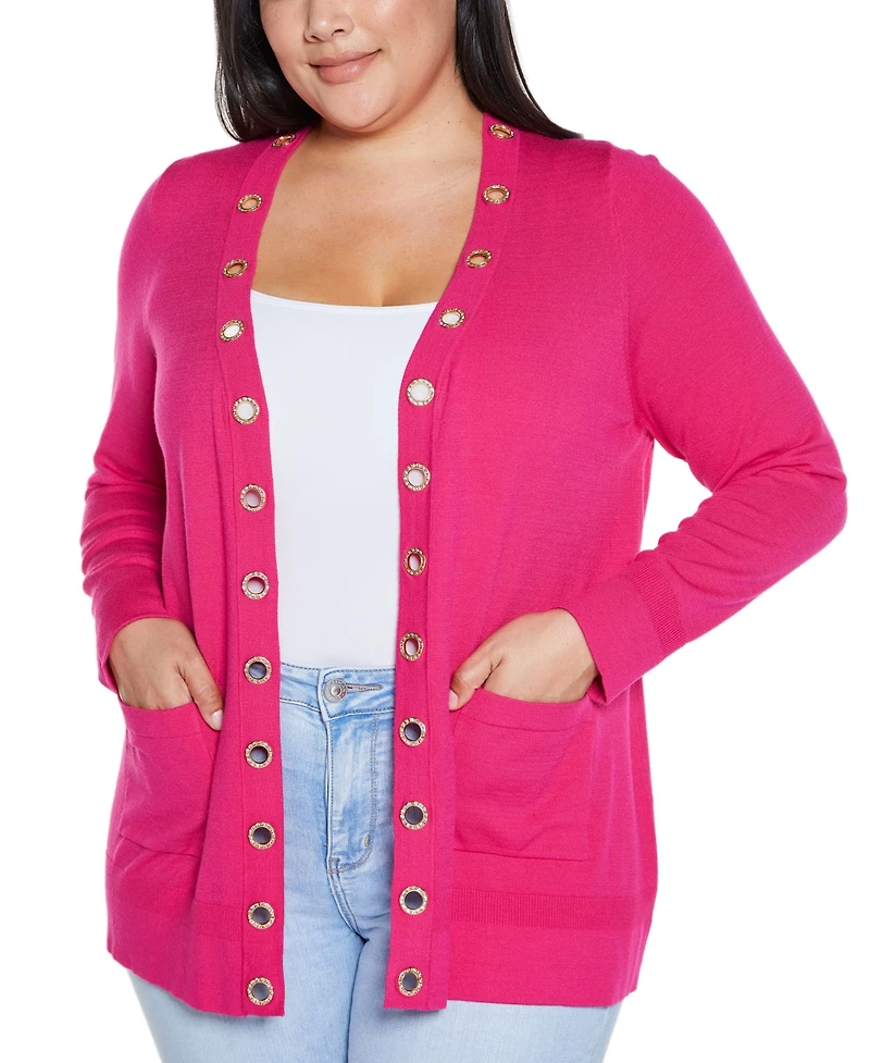Belldini Plus Black Label Rhinestone Grommet Open-Front Cardigan Sweater