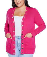 Belldini Plus Black Label Rhinestone Grommet Open-Front Cardigan Sweater