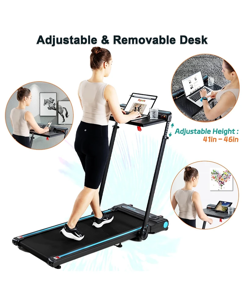 Ksports 3-in-1 Folding Electric Treadmill, Home Gym Cardio Strength Training Workout Set with Ab Mat, Sit Up Strap, Desk and Manual Incline