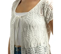 Bcx Juniors' Scalloped Pointelle Short-Sleeve Cardigan