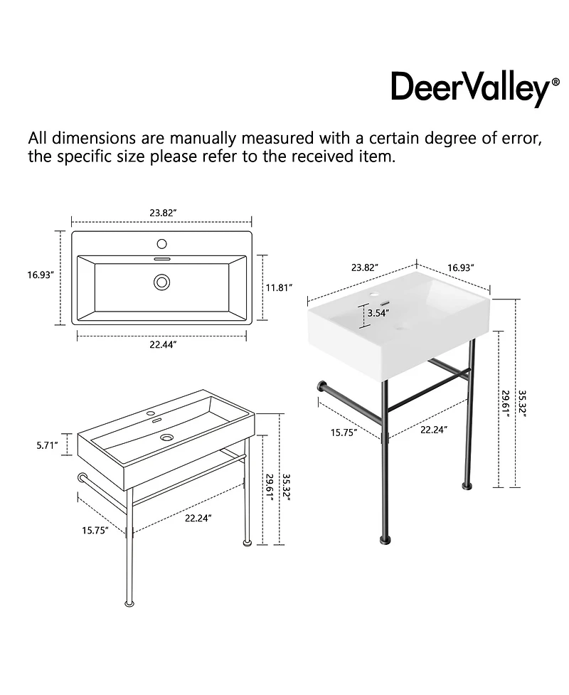 DeerValley Ceramic White Rectangular Single Faucet Hole 24 in Console Bathroom Sink with Overflow