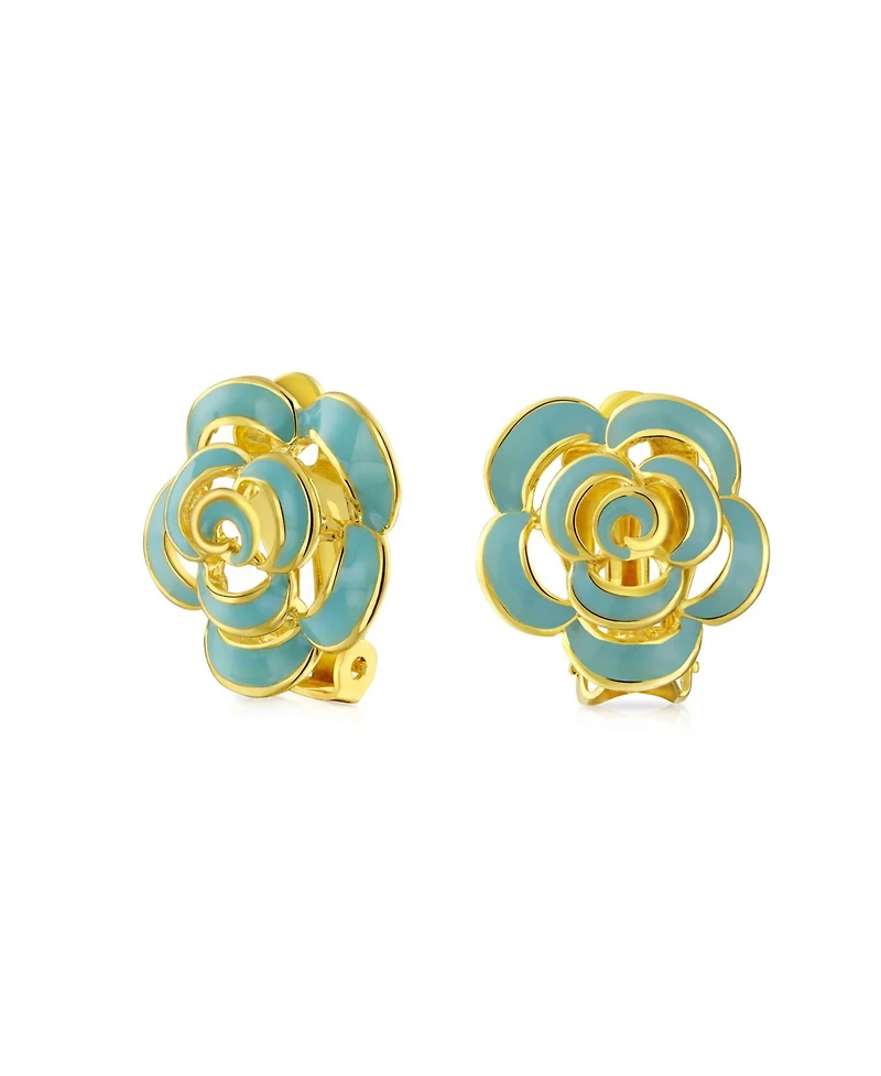 Bling Jewelry Fashion Enamel 3D Rose Flower Clip On Earrings Button Style For Non-Pierced Ears Gold Plated