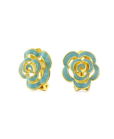 Bling Jewelry Fashion Enamel 3D Rose Flower Clip On Earrings Button Style For Non-Pierced Ears Gold Plated