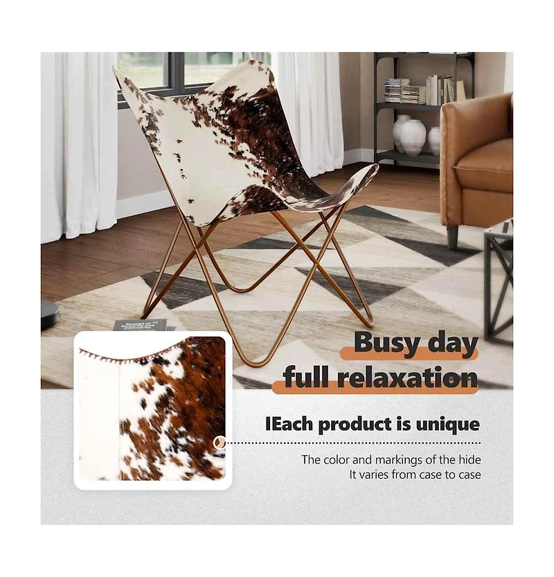Butterfly Chair Brown and White Real Cowhide Leather