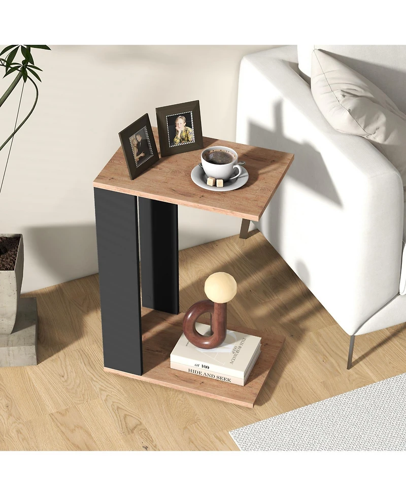 2-Tier C-Shaped Side Table with Wheels and Shelf for Sofa or Bedside Use