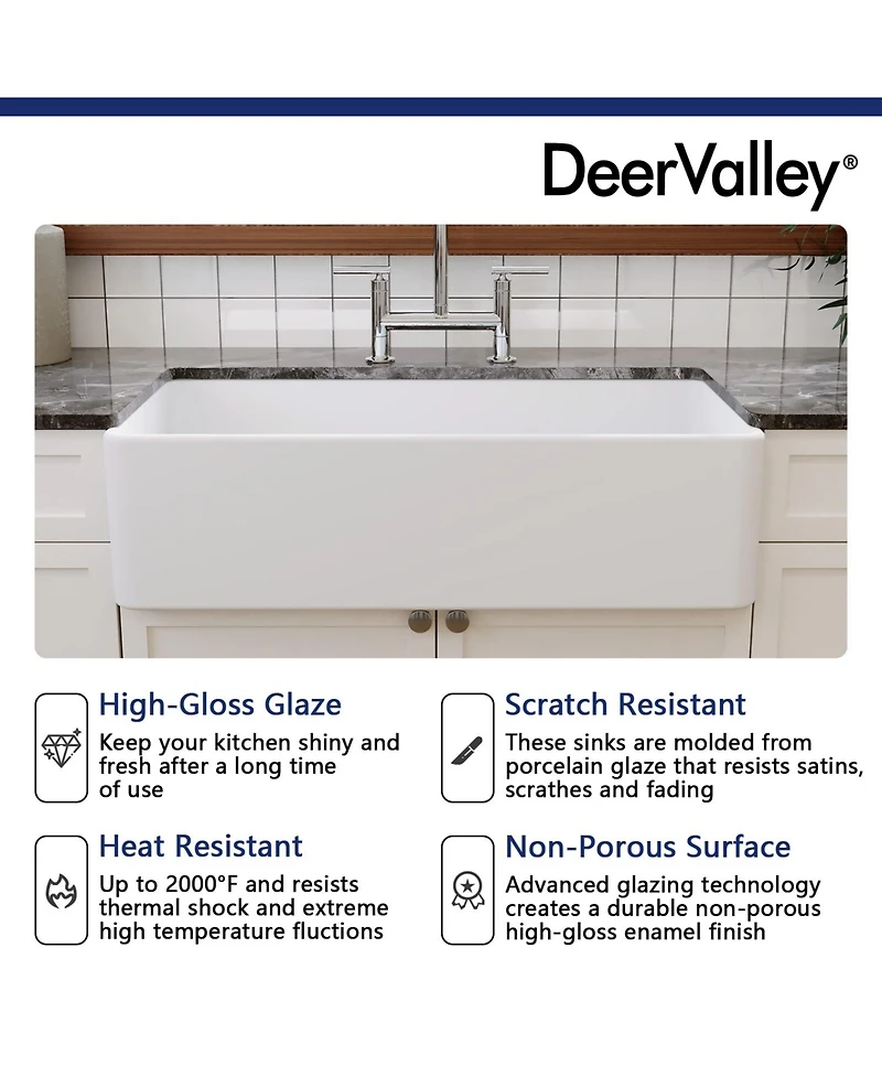 DeerValley 36" L X 18" W Fireclay Rectangular Single Bowl Farmhouse Kitchen Sink with Grid and Strainer