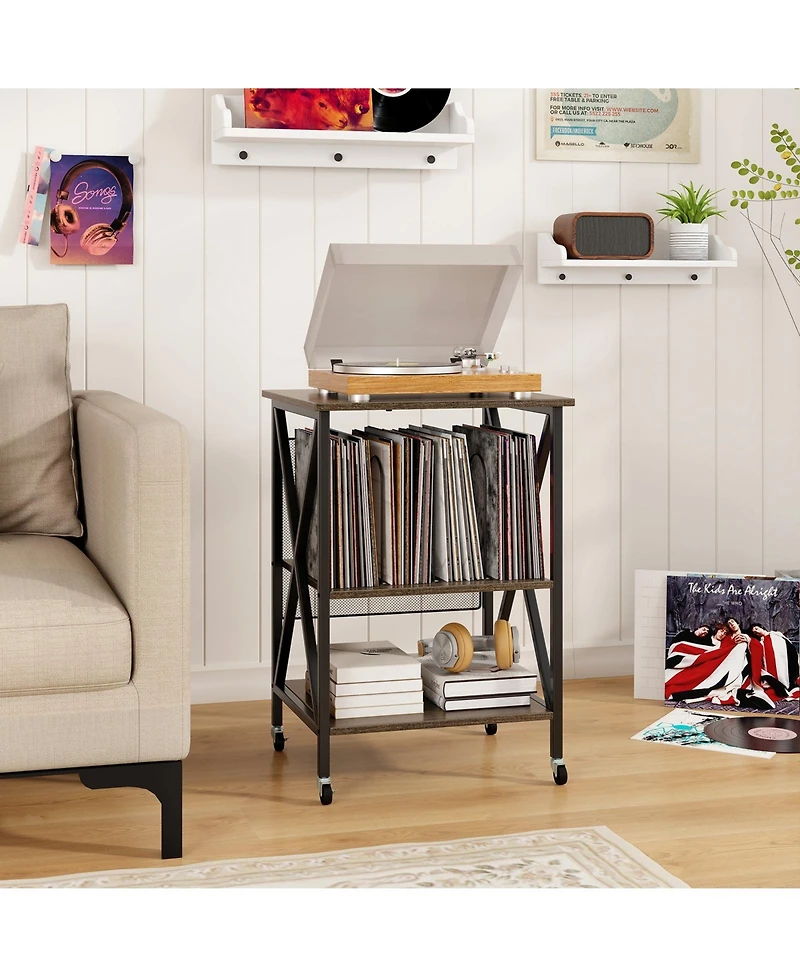 Mid-Century Record Player Stand with Built-in Charging Station