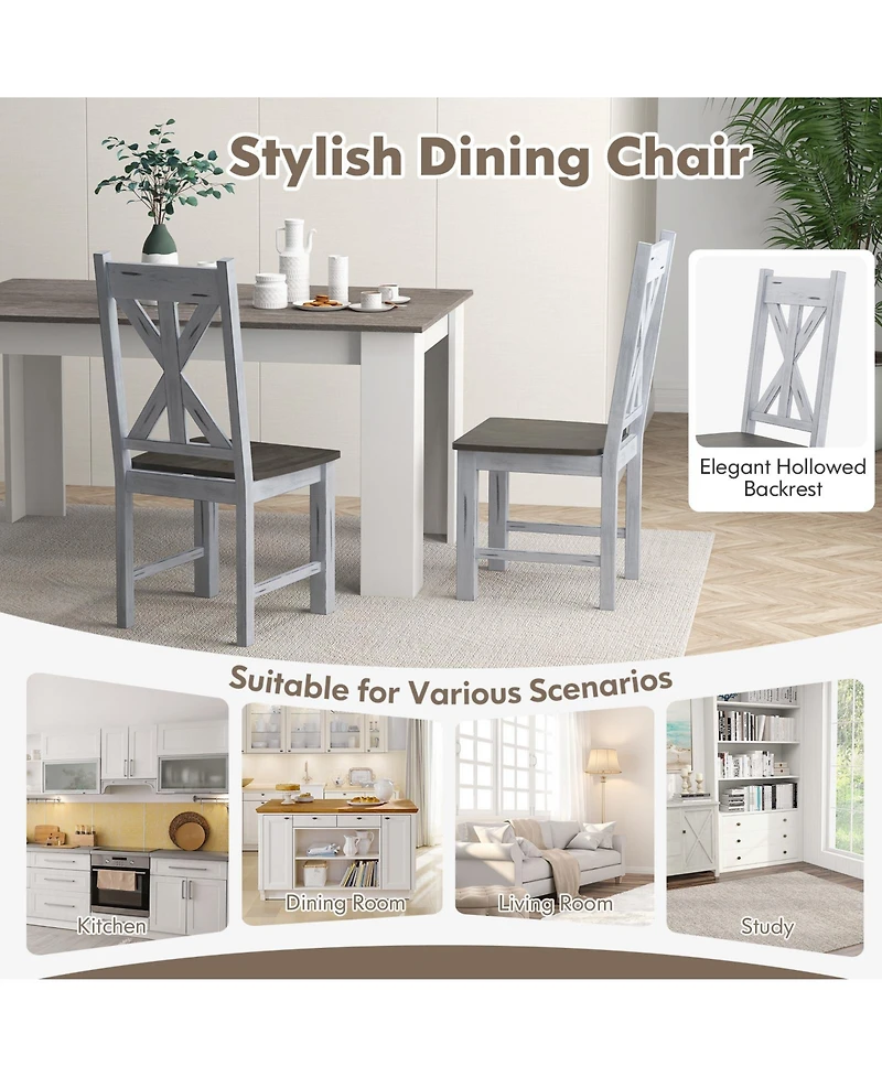 Set of 2 Farmhouse Dining Chairs with Rubber Wood Frame and Hollow Backrest