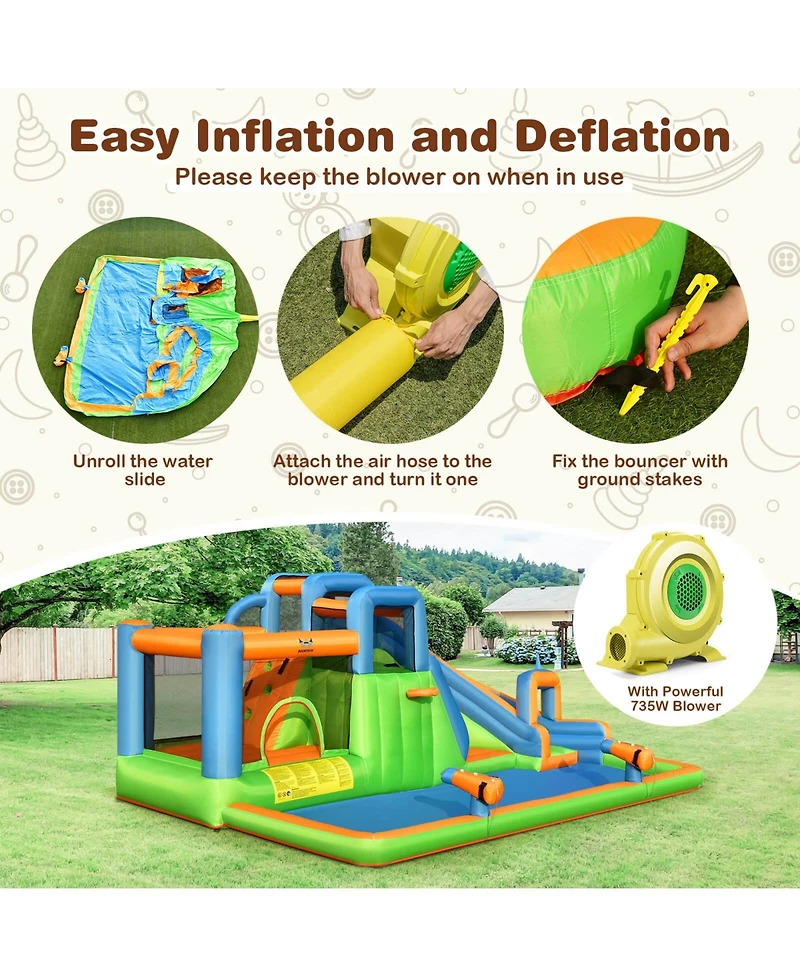 7-in-1 Inflatable Giant Water Park Bouncer with Dual Climbing Walls and 735W Blower