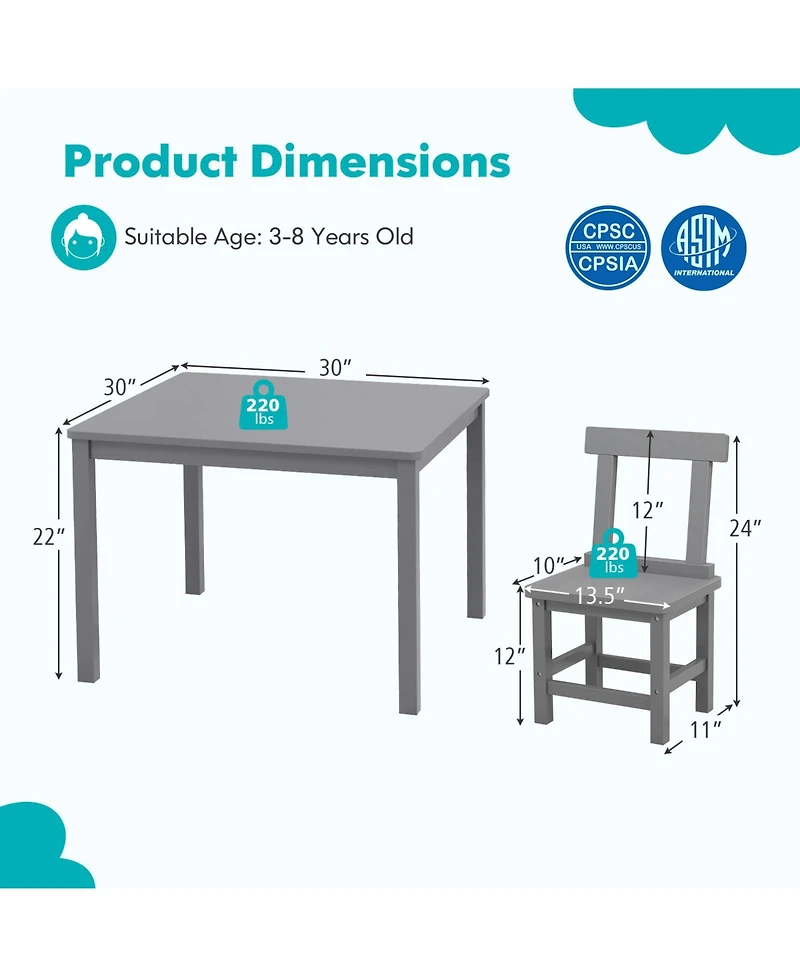 Wooden Kids Table and 2 Chairs Set with Anti-slip Foot Pads