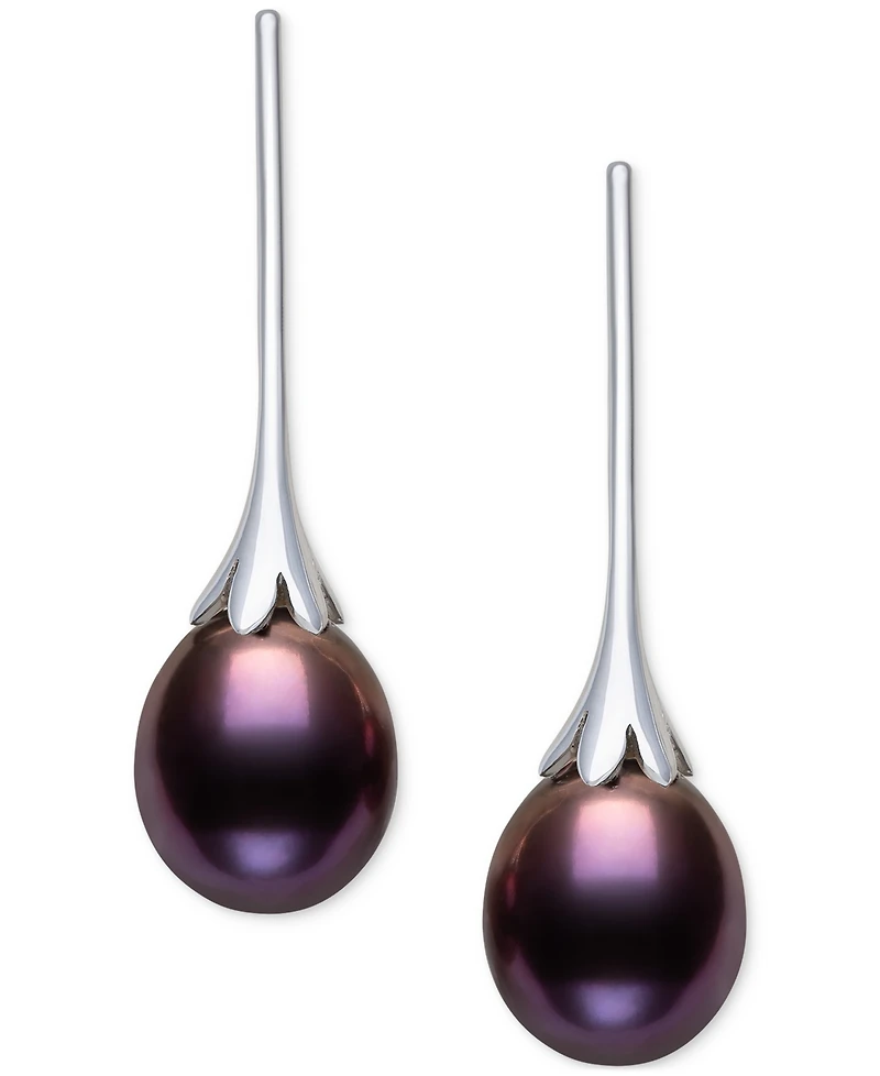 Belle de Mer Dyed Black Cultured Freshwater Pearl (7-8mm) Drop Earrings in Sterling Silver