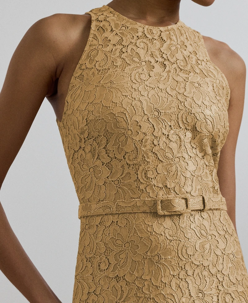 Lauren Ralph Lauren Women's Belted Metallic Lace Tiered Gown
