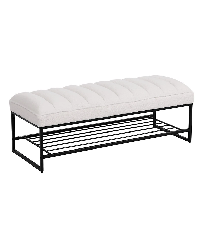 Modern Tufted Bench With Metal Shelf, Sherpa Upholstered Benches, Free Standing Shoe Organizer, End Of Bed Ottoman For Bedroom Living Room Entryway