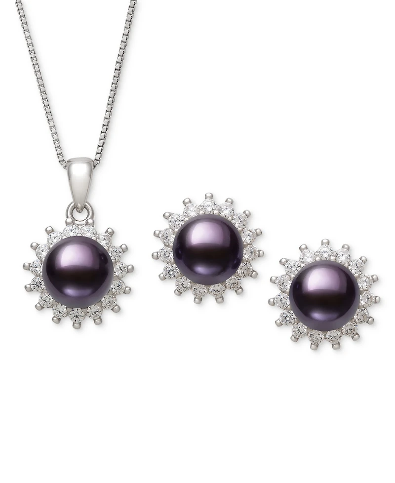 Belle de Mer Dyed Black Peacock Cultured Freshwater Pearl (6-7mm) & Lab-Created Sapphire (1-3/4 ct. t.w.) Pendant Necklace Stud Earrings Set Ster