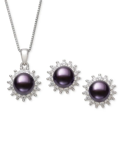 Belle de Mer Dyed Black Peacock Cultured Freshwater Pearl (6-7mm) & Lab-Created Sapphire (1-3/4 ct. t.w.) Pendant Necklace Stud Earrings Set Ster