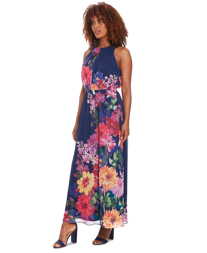 London Times Petite Floral-Print Halter Maxi Dress