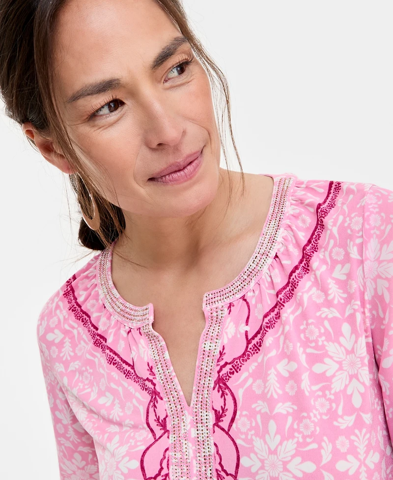 Jm Collection Women's Printed Chiffon Sleeve Rhinestone Split-Neck Top, Exclusively at Macy's