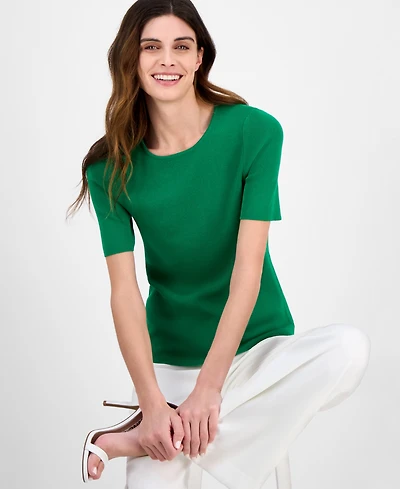 Tahari Asl Women's Fine-Rib Crewneck Sweater T-Shirt, Regular & Petite