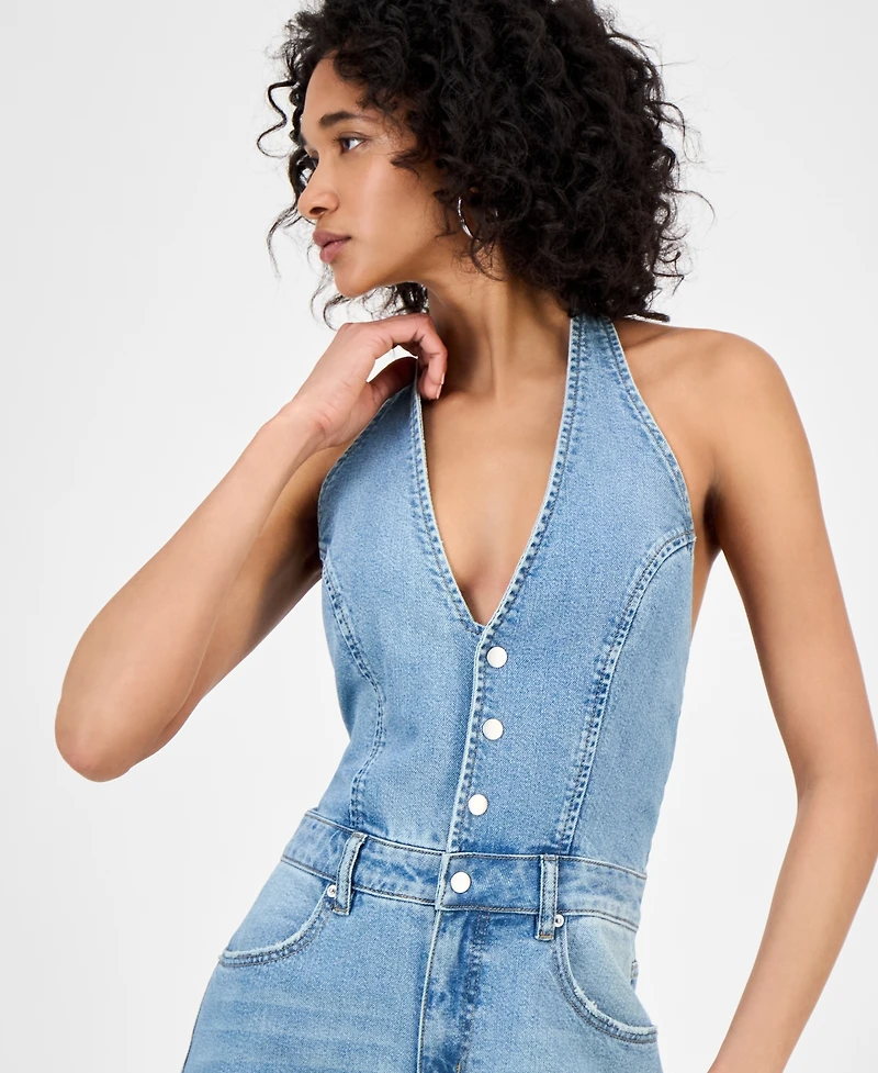 Bariii Women's Denim Halter Cargo-Pocket Jumpsuit