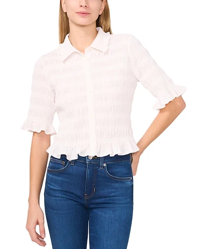CeCe Women's Smocked Elbow-Sleeve Shirt