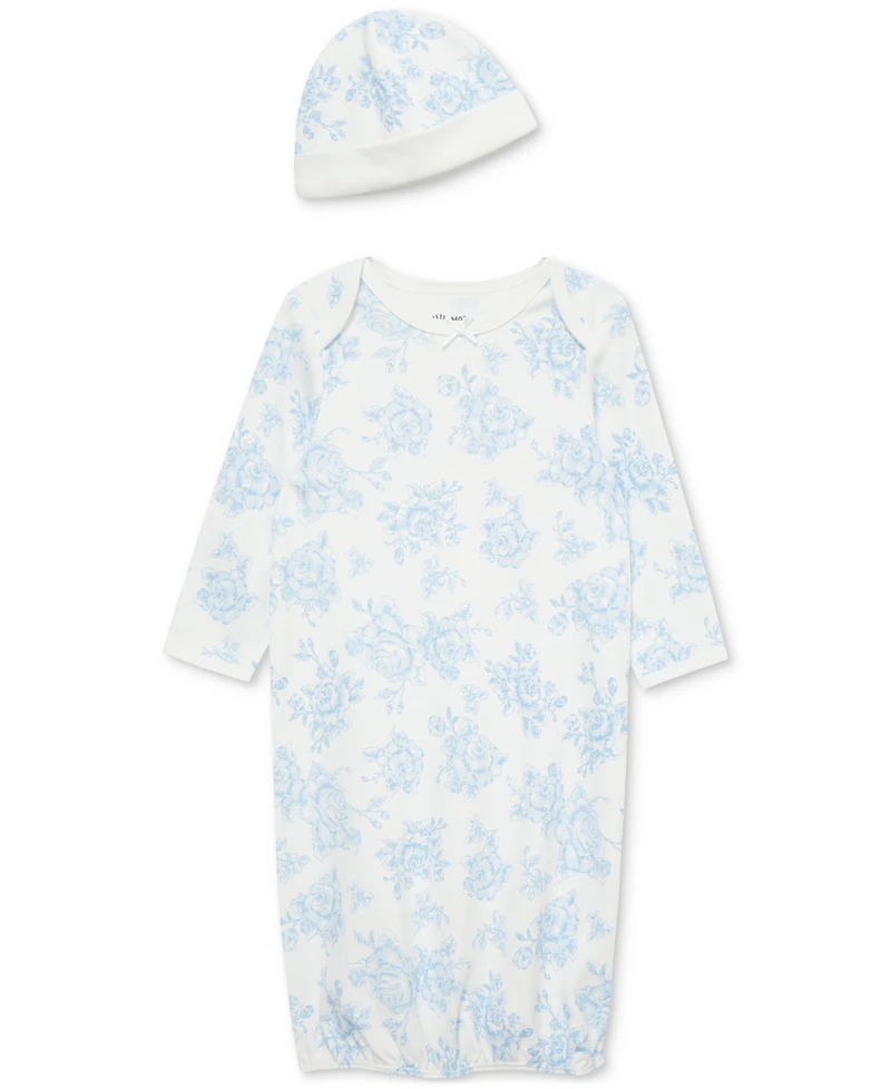 Little Me Baby Girls Blue Roses Cotton Gown & Hat, 2 Piece Set