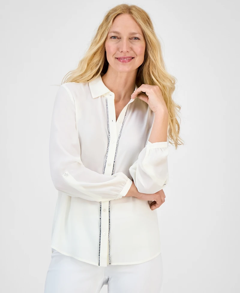 Jm Collection Women's Solid Embellished Button Blouse, Exclusively at Macy's