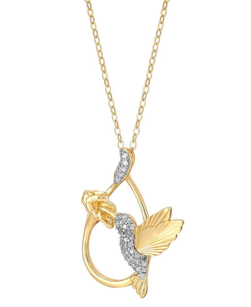 Diamond Hummingbird & Flower Pendant Necklace (1/10 ct. t.w.) in 14k Gold-Plated Sterling Silver, 16" + 2" extender
