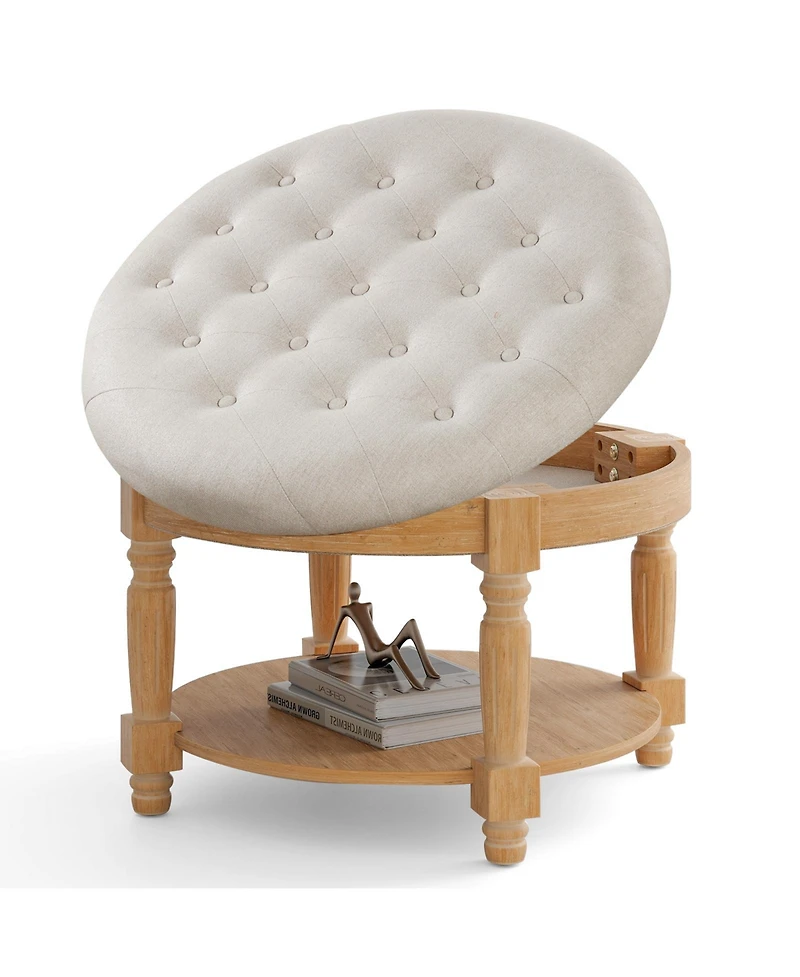 Large Round Ottoman Coffee Table 2-Tier Upholstered Tufted Footrest Ottoman with Flip-up Top