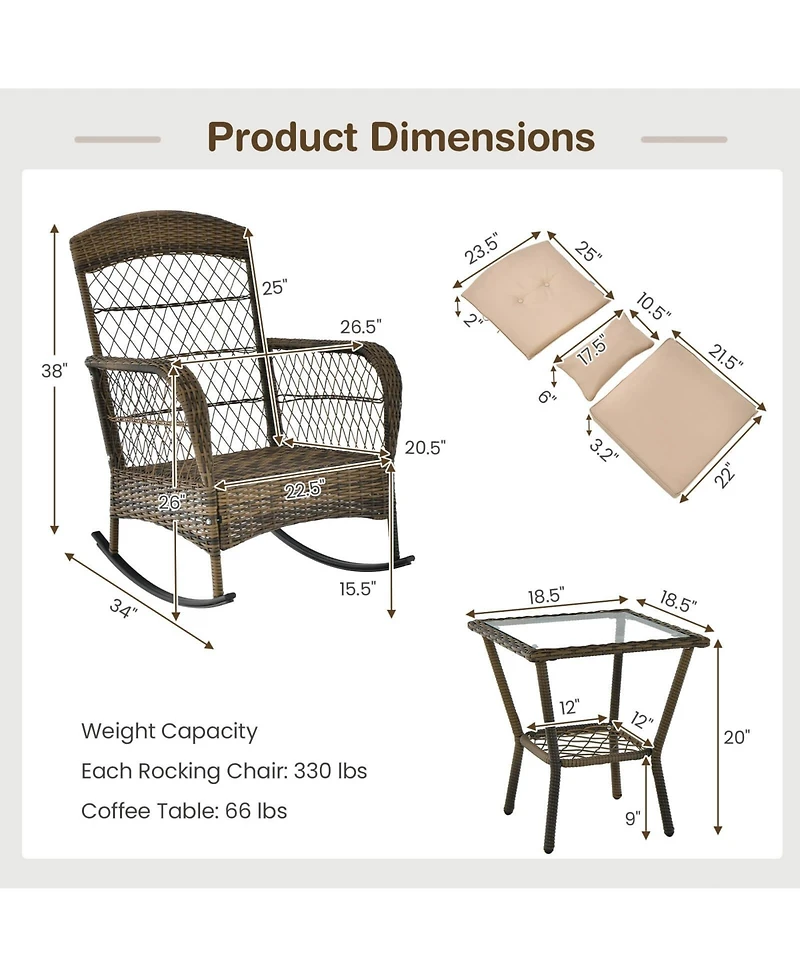 3 Pieces Outdoor Hand-Woven Pe Rattan Conversation Set with Tempered Glass Side Table