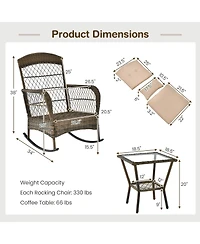 3 Pieces Outdoor Hand-Woven Pe Rattan Conversation Set with Tempered Glass Side Table