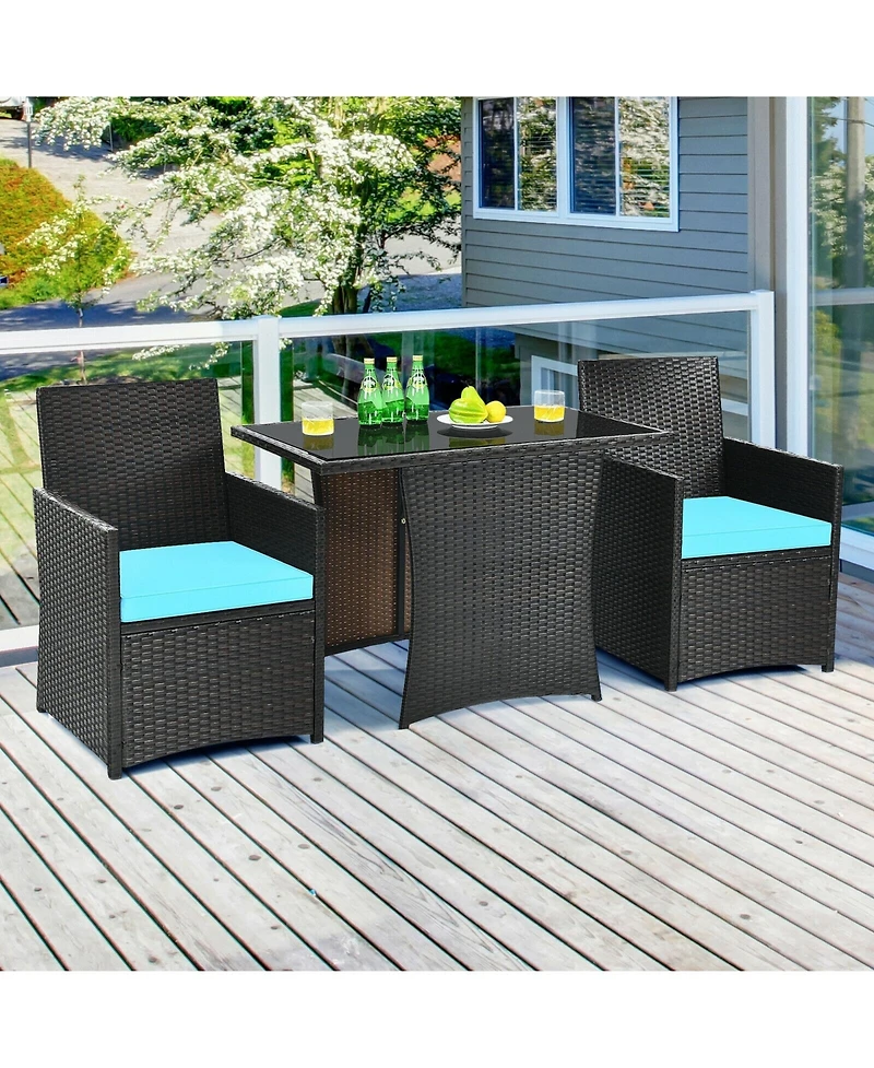 3 Pieces Patio Rattan Furniture Set with Cushion and Sofa Armrest