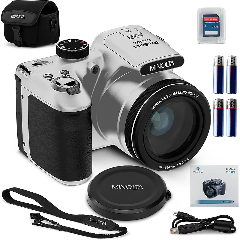 Minolta ProShot MN40Z 20MP Full Hd Camera with 40x Optical Zoom, Silver, Bundle with Mt-11 Multifunctional Octopus Tripod, 64GB Sdxc Memory Card and S