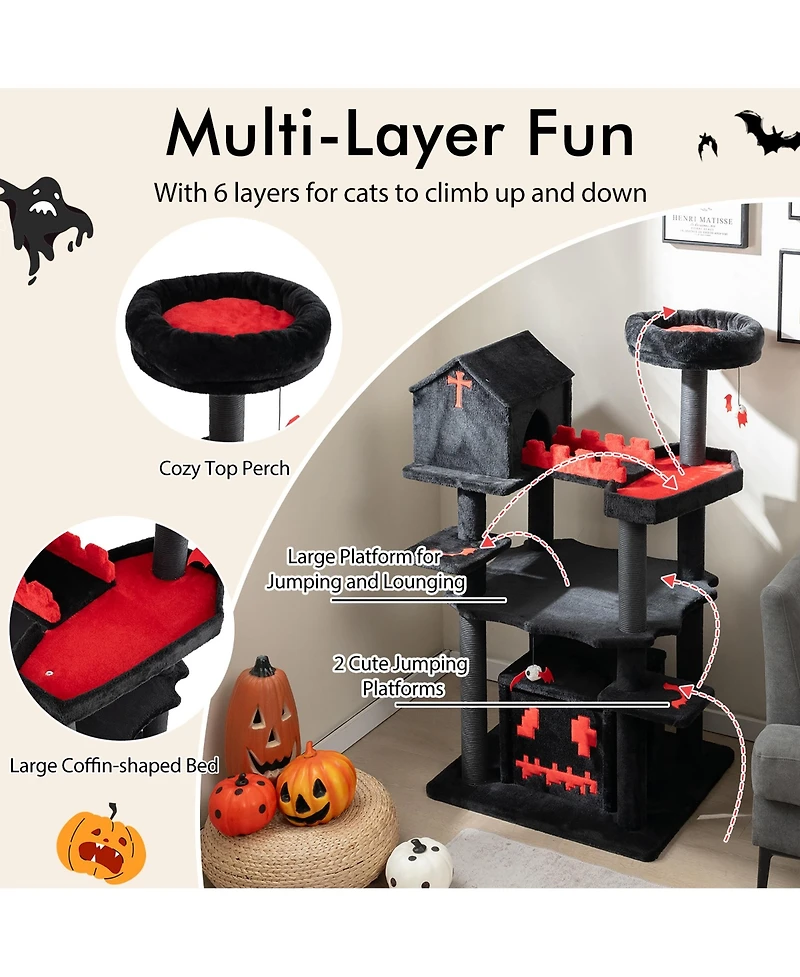 Gymax Gothic Cat Tree 49'' Tall Cat Tower w/ Coffin Bed & 2 Condos & Cozy Perch