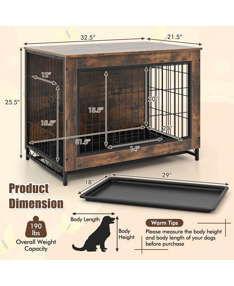 Dog Crate Furniture with Double Lockable Doors and Removable Pull-out Tray