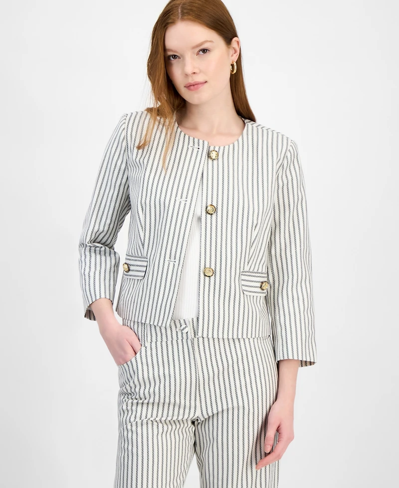 T Tahari Women's Cotton Button-Front Cropped Jacket