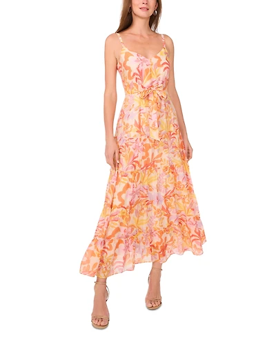Msk Women's Printed-Chiffon Tie-Waist Tiered Maxi Dress