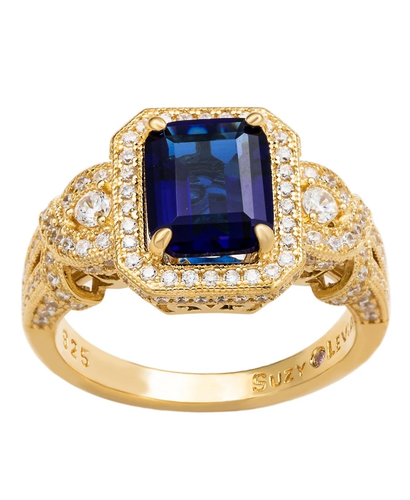 Suzy Levian Yellow Sterling Silver Emerald-Cut and White Cubic Zirconia Pave Ring