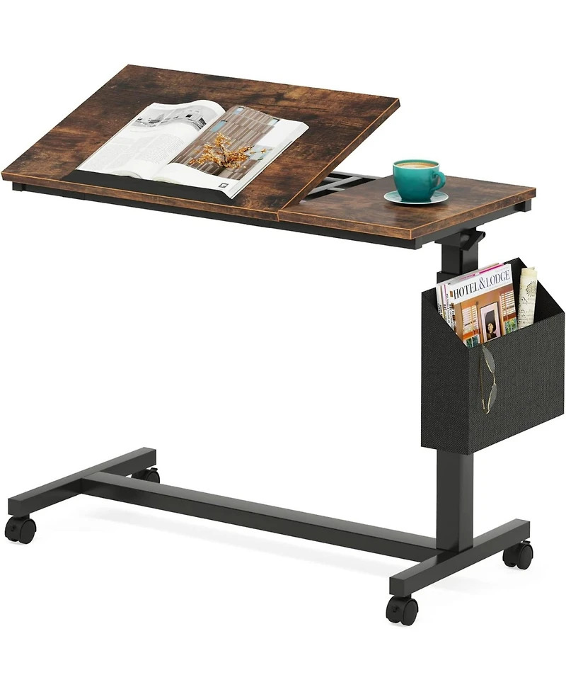 Tribesigns Height Adjustable C Shaped End Table with Wheels and Side Pocket, Mobile Sofa Snack Tiltable Drawing Board for Couch Bed