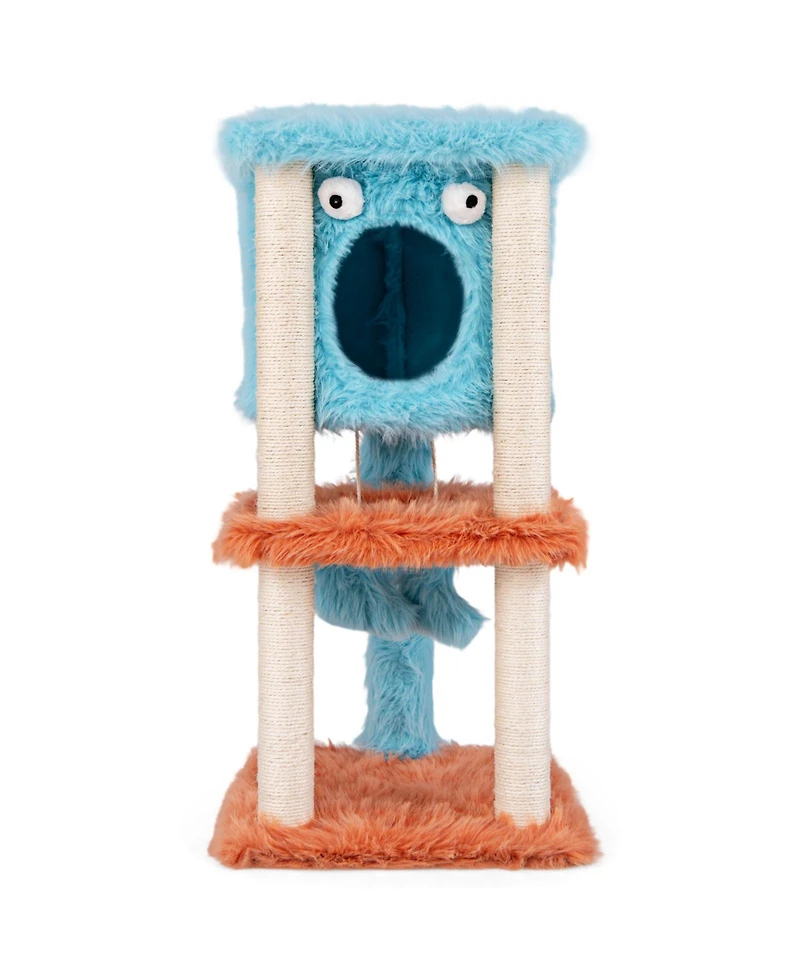 Cute Monster-Themed Cat Tower with Private Condo & Soft Long Plush Cozy & Fun Playhouse for Cats