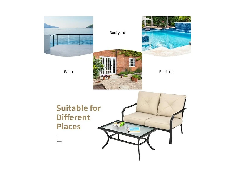 2 Pieces Patio Outdoor Cushioned Sofa Bench with Coffee Table