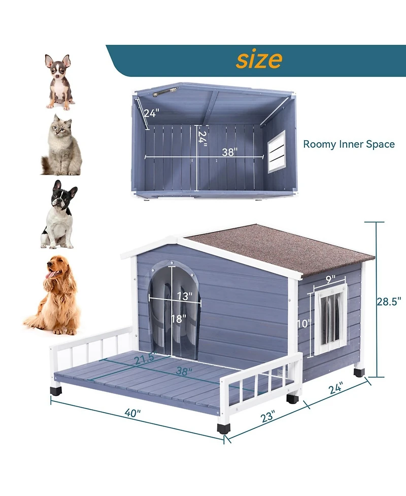 Large Wooden Dog House Indoor Outdoor with Terrace and Open Waterproof Asphalt Roof for Small and Medium Dogs