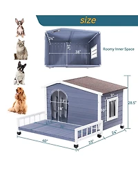 Large Wooden Dog House Indoor Outdoor with Terrace and Open Waterproof Asphalt Roof for Small and Medium Dogs