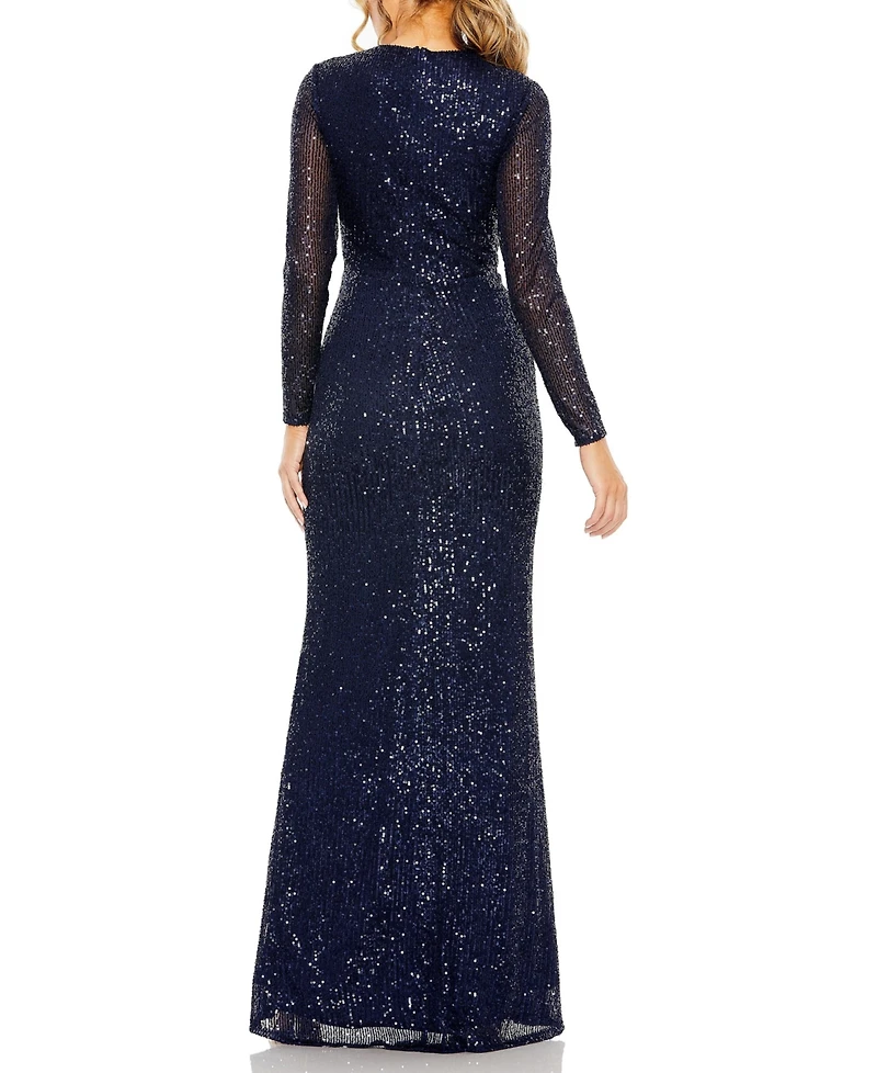 Mac Duggal Women's Sequined Long Sleeve Side Knot Gown