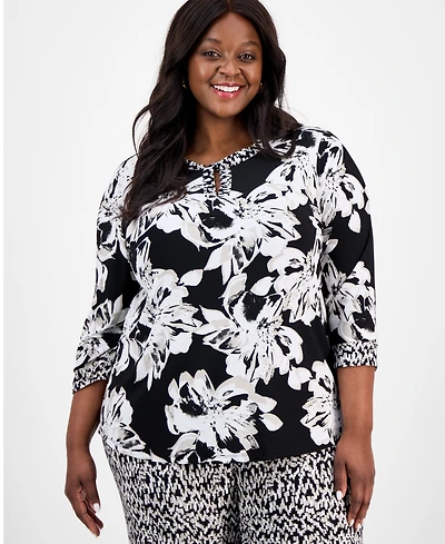 Kasper Plus Size Printed 3/4-Sleeve Twist-Neck Blouse