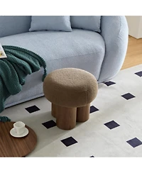 Mushroom stool, brown lamb wool seat, barrel Pvc pipe with walnut veneer