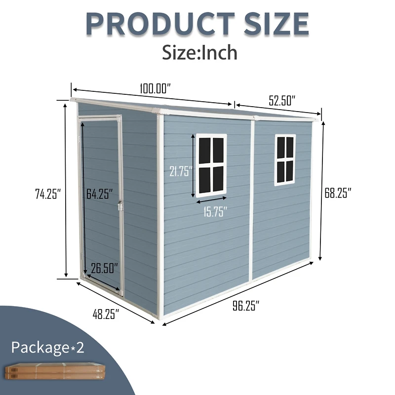 Streamdale 4x8ft Outdoor Storage Shed with Floor Resin shed with Two-Window, Waterproof, Lockable Doors for Patio,Yard,Lawn ---Gray
