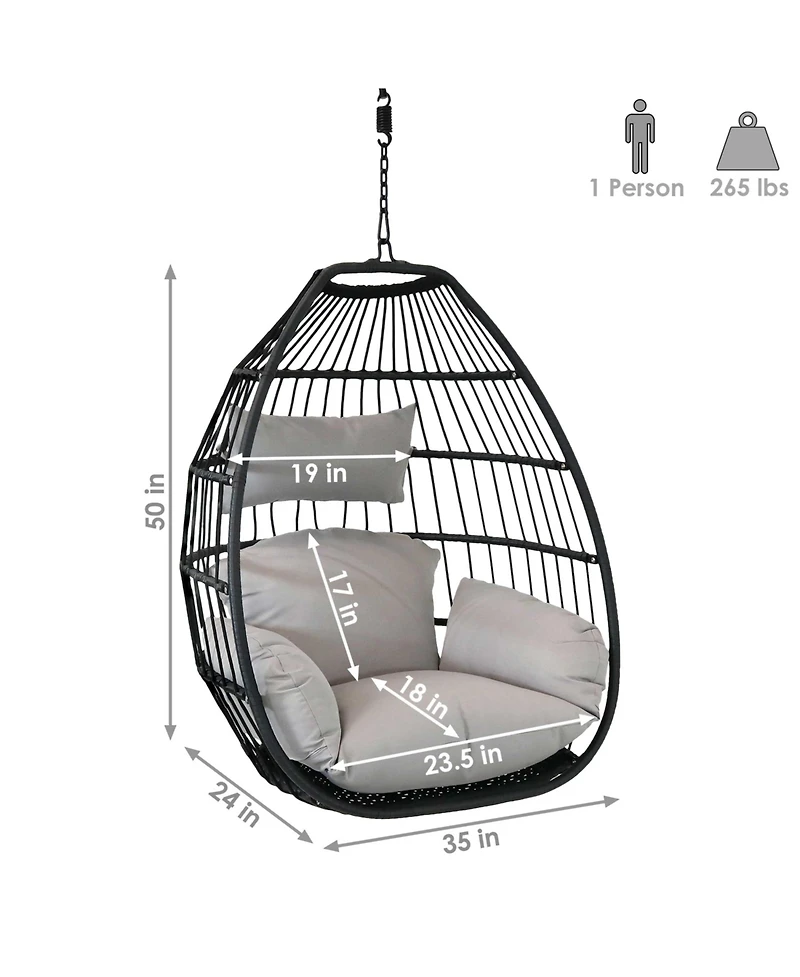 Outdoor Resin Wicker Delaney Hanging Basket Egg Chair Swing with Cushions and Headrest - Gray - 2pc