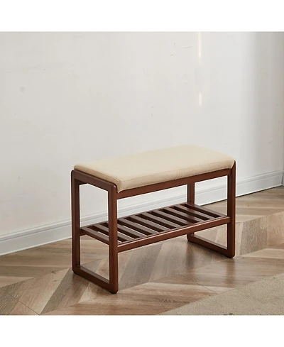 Streamdale (Walnut Color) Solid Wood Shoe Bench, Beech Wood Storage Rack Organizer with High Rebound Sponge Cushion