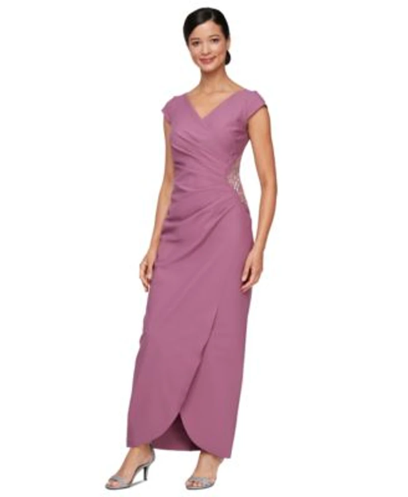 Alex Evenings Womens Ruched Embellished Gown