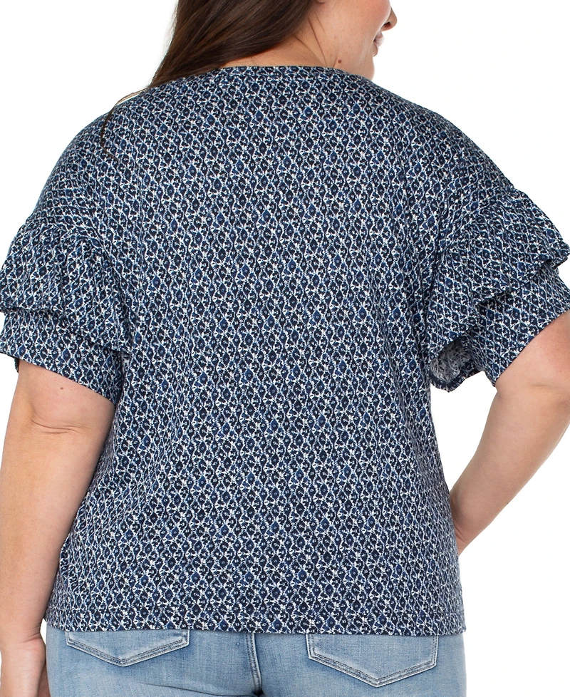 Liverpool Plus Printed Ruffled Half-Sleeve Top